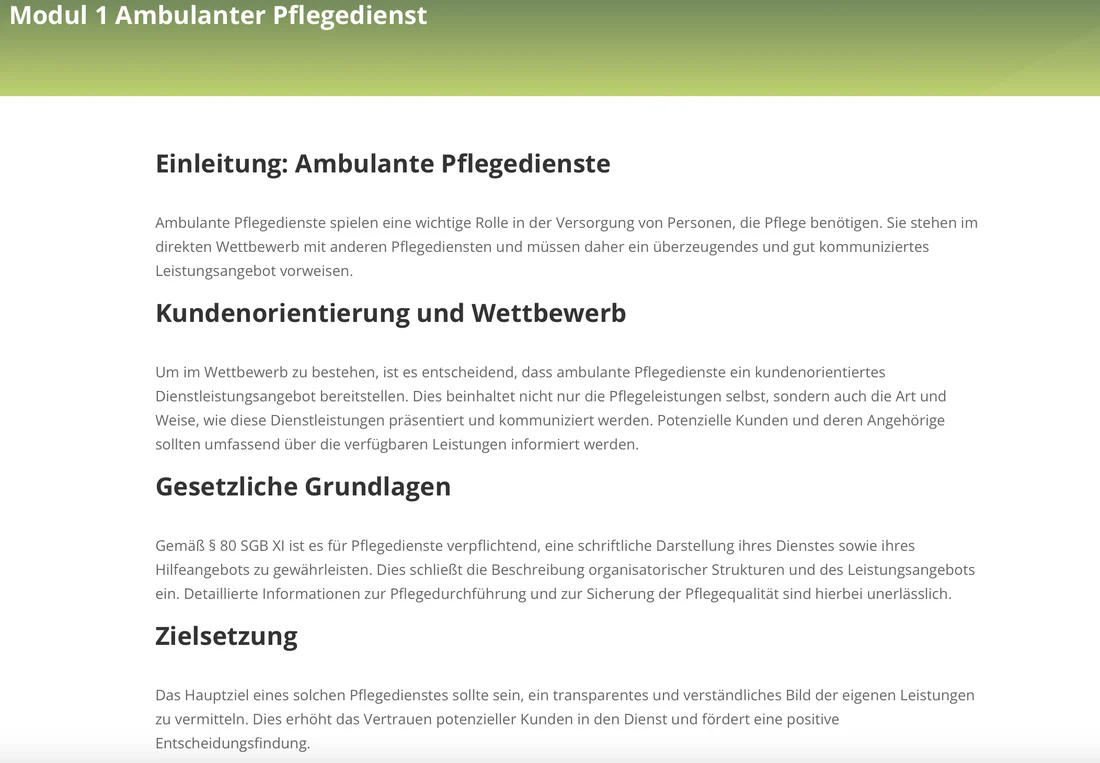 Blick in die Lernplattform: Modul 1 Ambulanter Pflegedienst mit Kursinhalten